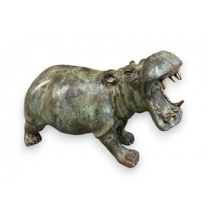 Hippopotame en bronze patine vert et or