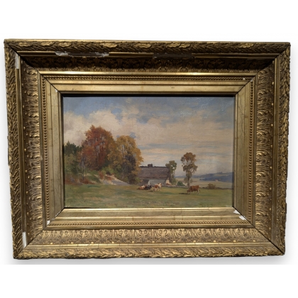 Tableau "Vaches et chalet" signé F. HUGUENIN L