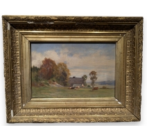 Tableau "Vaches et chalet" signé F. HUGUENIN L