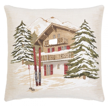 Coussin "Chalet en hiver avec skis"