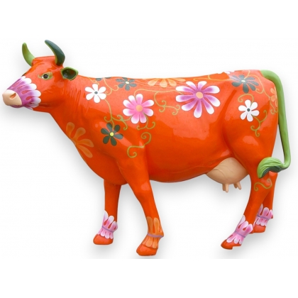 Vache taille nature motif orange à fleurs