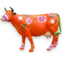 Vache taille nature motif orange à fleurs