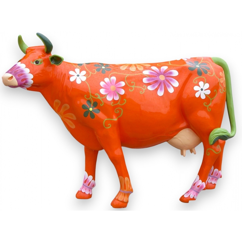 Vache taille nature motif orange à fleurs