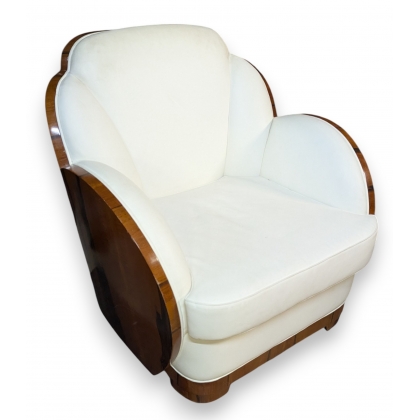 Fauteuil style Art-Deco en bois et cuir blanc