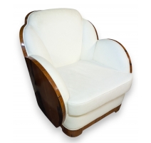 Fauteuil style Art-Deco en bois et cuir blanc