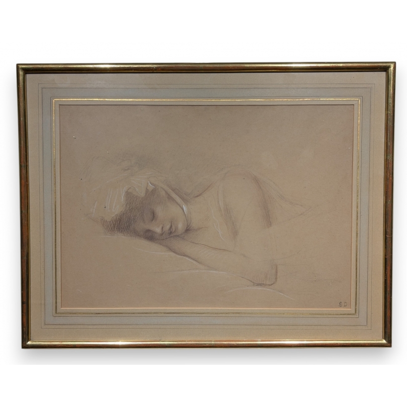 Pastel "Jeune femme endormie" signé SD