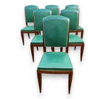 Suite de 6 chaises Art Deco en acajou et cuir vert