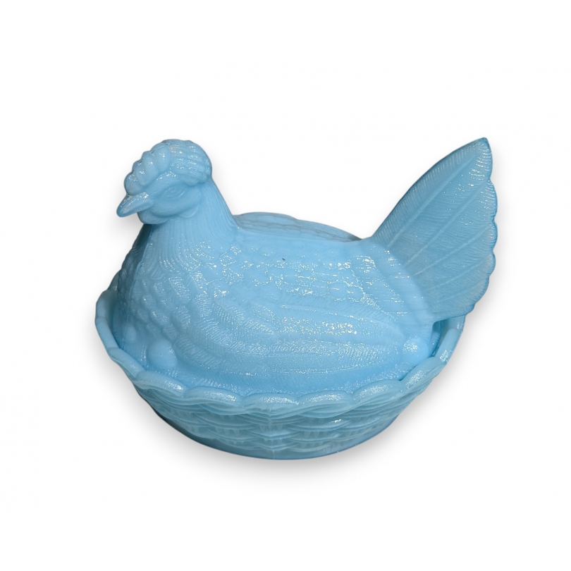 Poule en verre moulé bleu