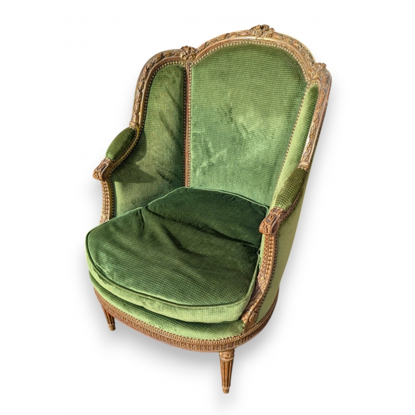 Bergère Louis XVI en bois doré et velours vert