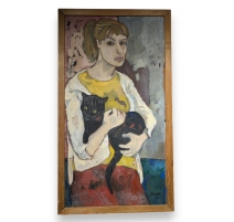 Tableau "Jeune fille au chat" signé EMS 52