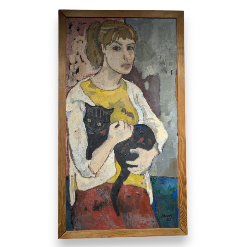 Tableau "Jeune fille au chat" signé EMS 52