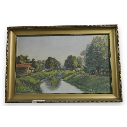 Huile sur toile "Canal d'Yverdon" de J. JACCARD