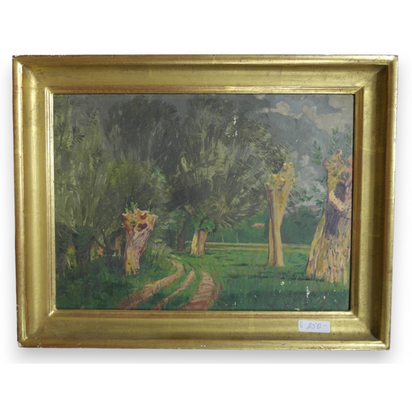 Tableau "Chemin bordé d'arbre" signé A. MATTHEY