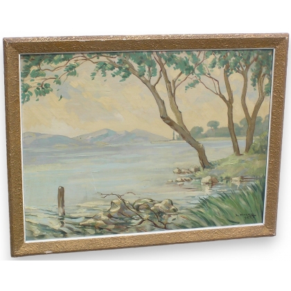 Tableau "Paysage et bord de lac" signé