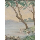 Tableau "Paysage et bord de lac" signé