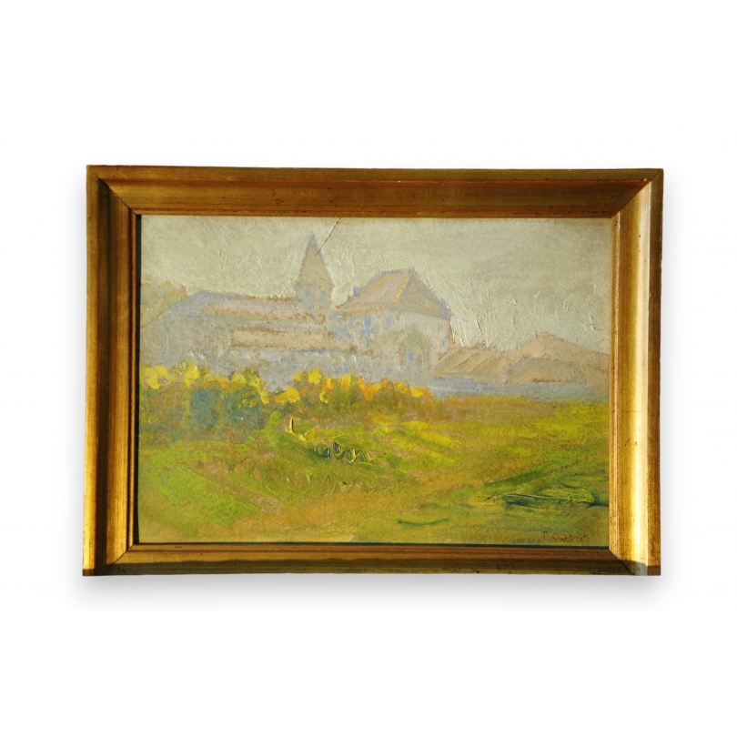 Huile sur carton " Paysage" signé P.