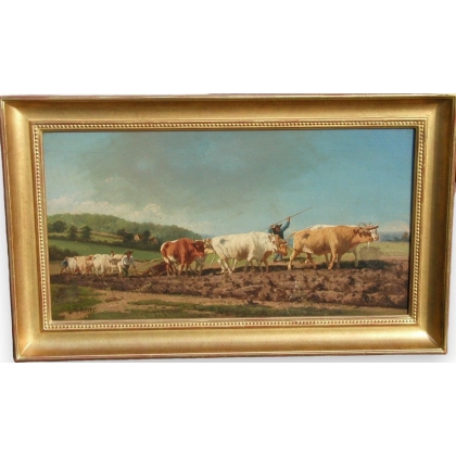 Tableau "Attelage de Boeufs", signé PELLETIER.