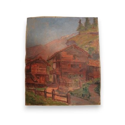 Huile sur toile Suisse "Mazots" de Paul