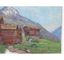 Huile sur toile "Chalets au dessus de Zermatt"