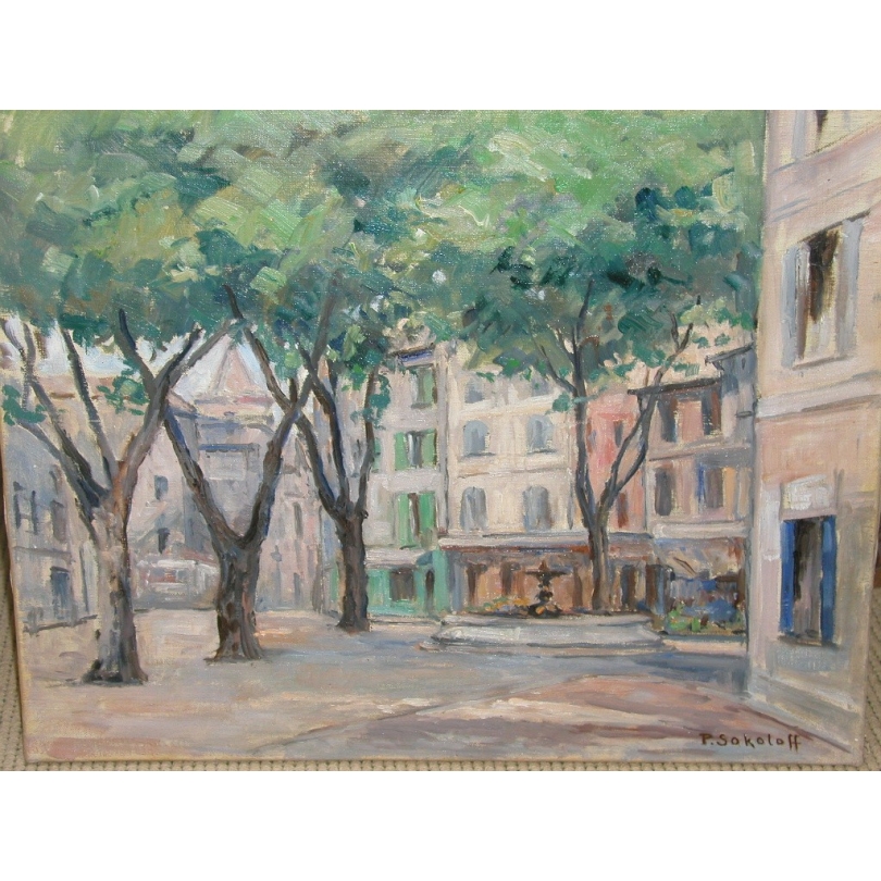 Huile sur toile "Avignon, Place des