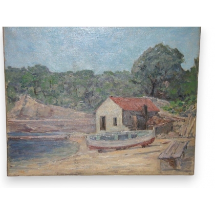 Huile sur toile "Cabanon en bord de