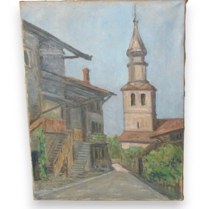 Huile sur toile "Clocher" Suisse de