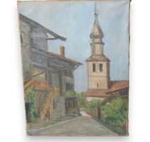 Huile sur toile "Clocher" Suisse de