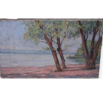 Huile sur toile "Plage du Lac Léman"