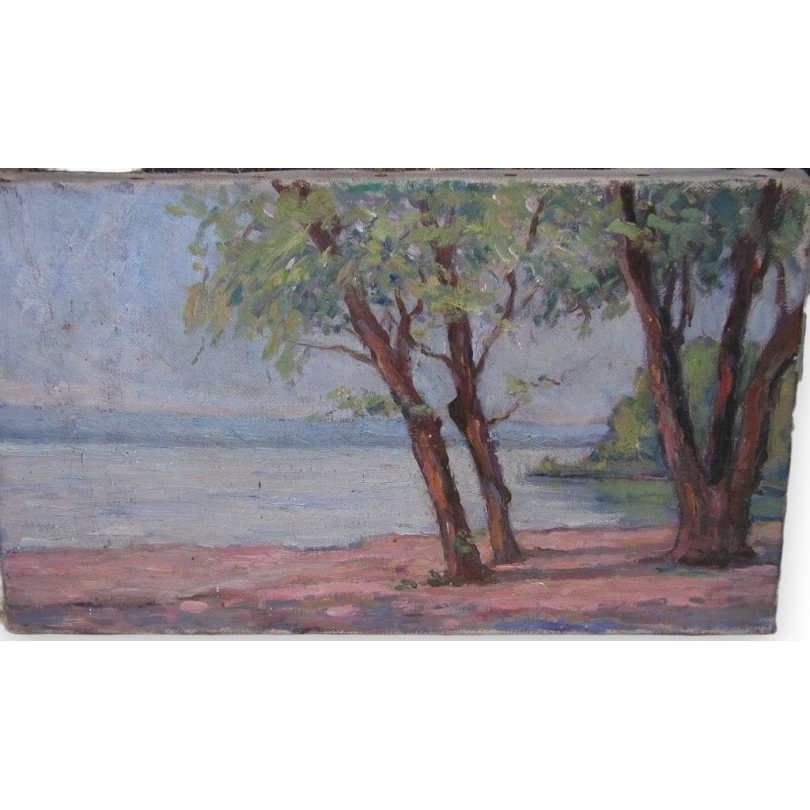 Huile sur toile "Plage du Lac Léman"