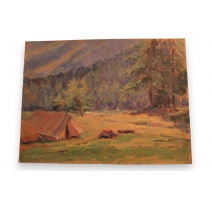 Huile sur panneau "Camping" de Paul