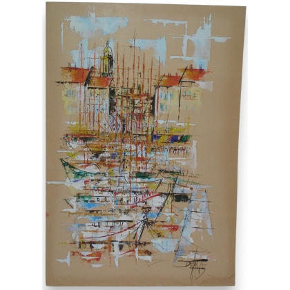 Tableau huile sur papier "Village et