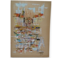 Tableau huile sur papier "Village et