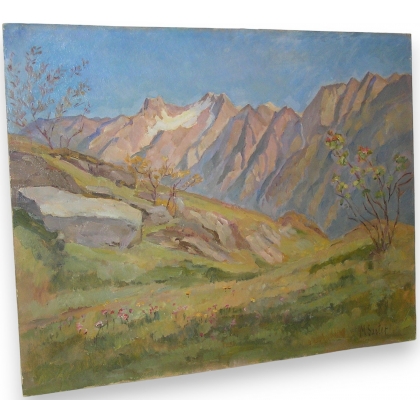 Tableau huile sur carton "Berge in