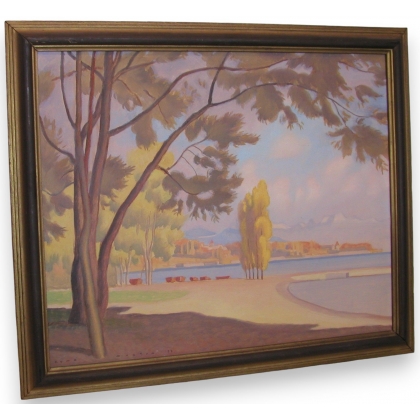 Tableau "Bord du lac", signé MARTIN. Daté 33.