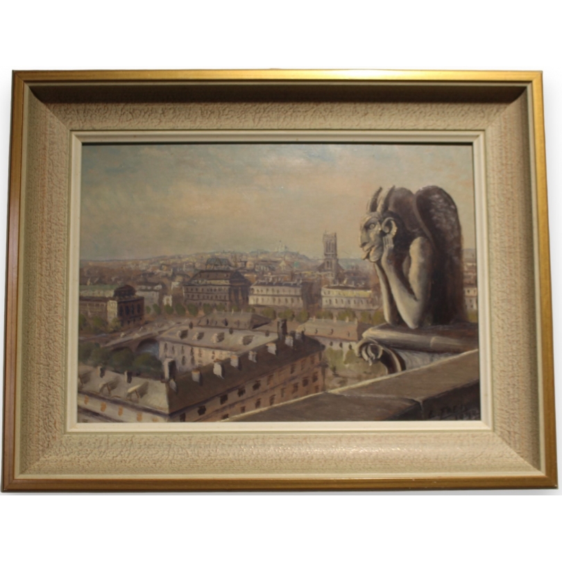 Tableau "Vue de Notre Dame" signé E. FREI 1944