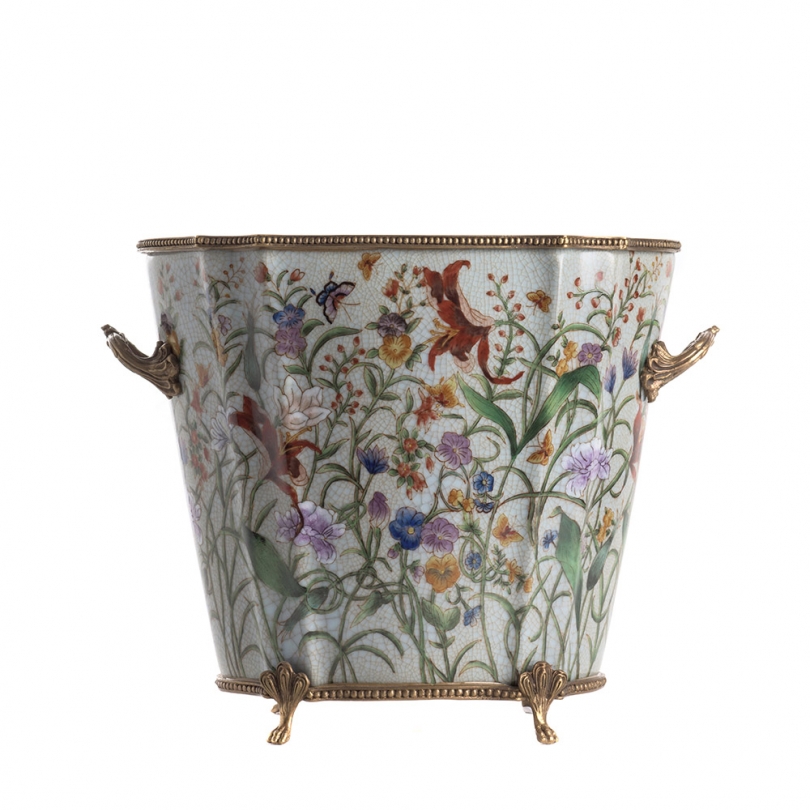 Cache-pot ovale en porcelaine fleurs