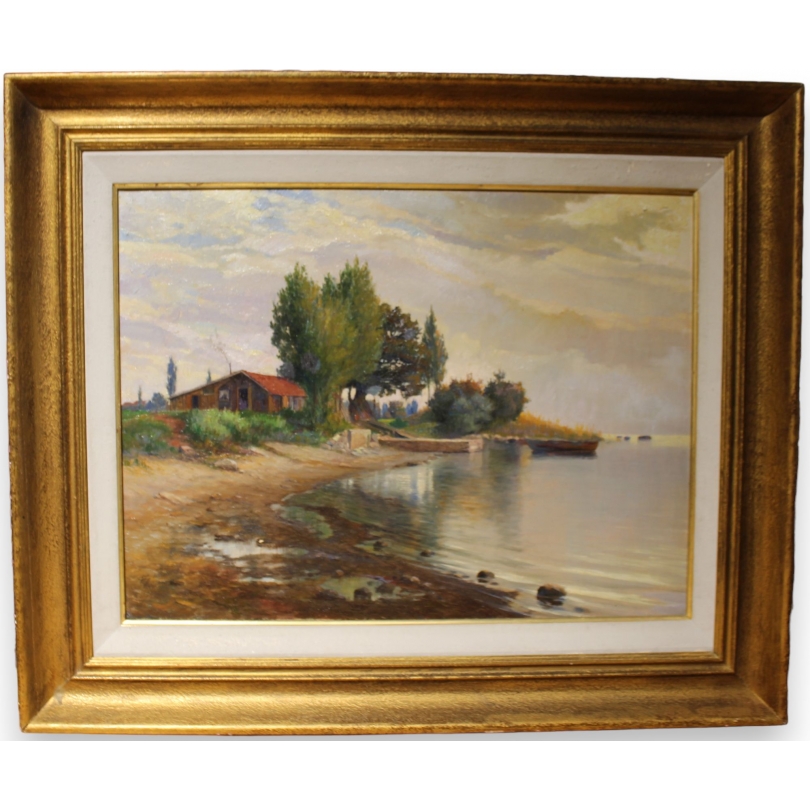 Tableau "Cabane au bord du lac" signé V. GILLIAND