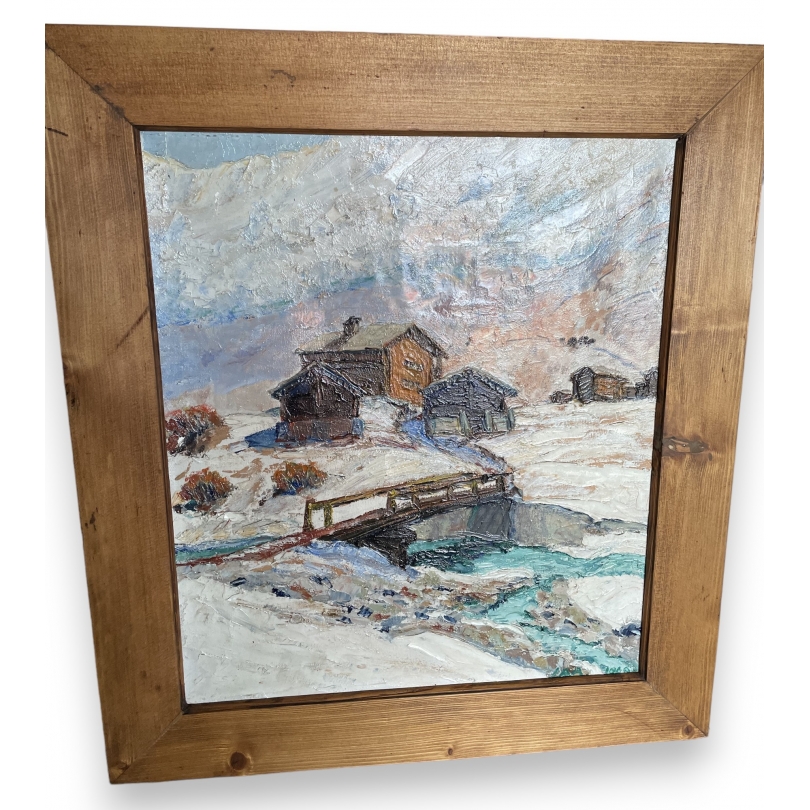 Tableau "Chalets en hiver" monogrammé LAA